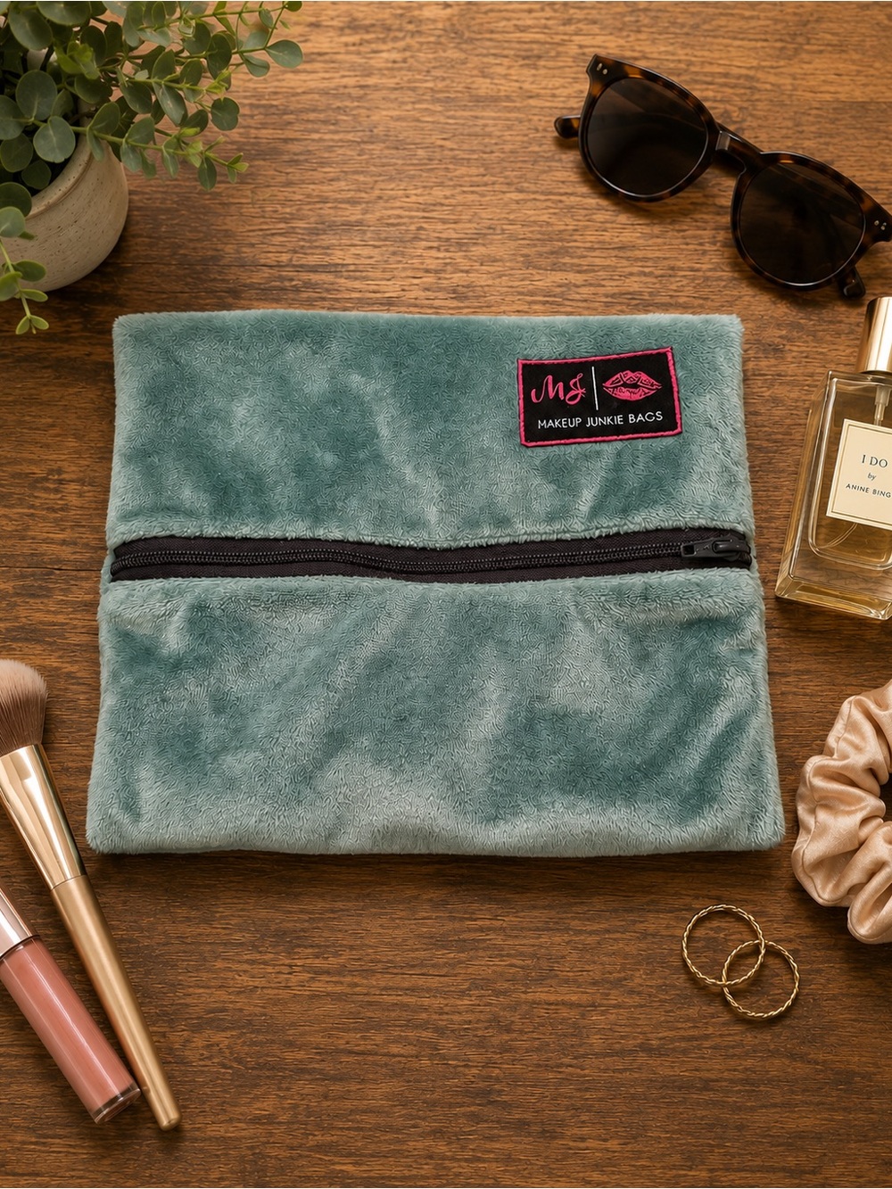 Makeup Junkie Bags Small Plush Blue Cosmetic Bag Zip Makeup Pouch Travel Case